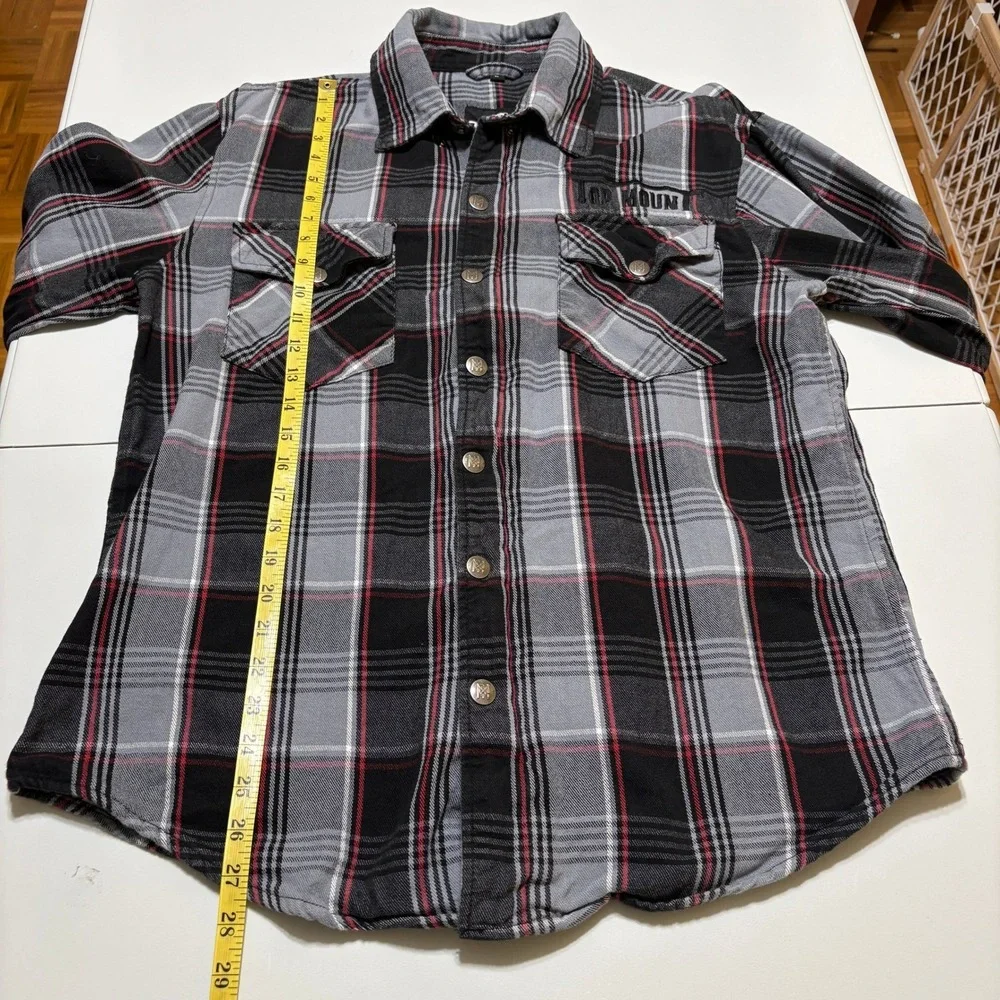 Top Mount Mens Full Zip Snap Grappler Flannel Shirt Size L Black Red Plaid Biker